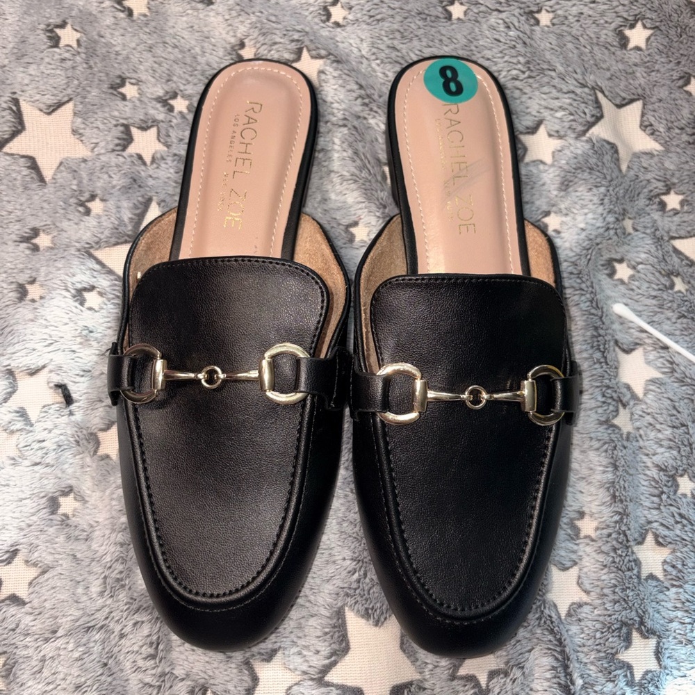 Rachel Zoe Black Leather Mules with Gold Accent